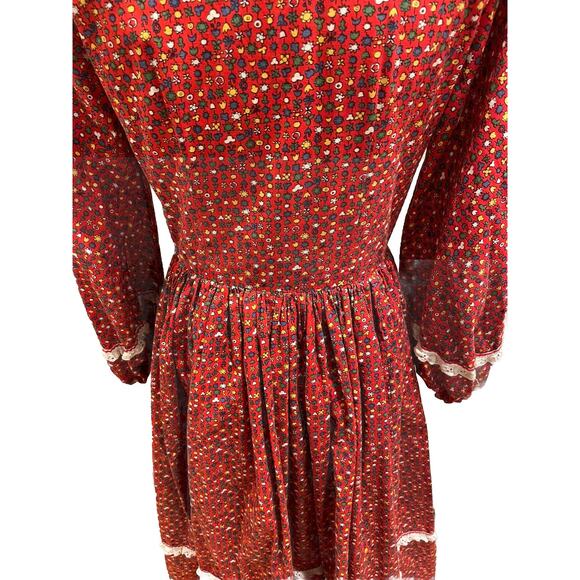 VTG Handmade Prairie Maxi Dress Red Calico Tiered + Bonnet Long Sleeve Sz Small - Picture 7 of 15